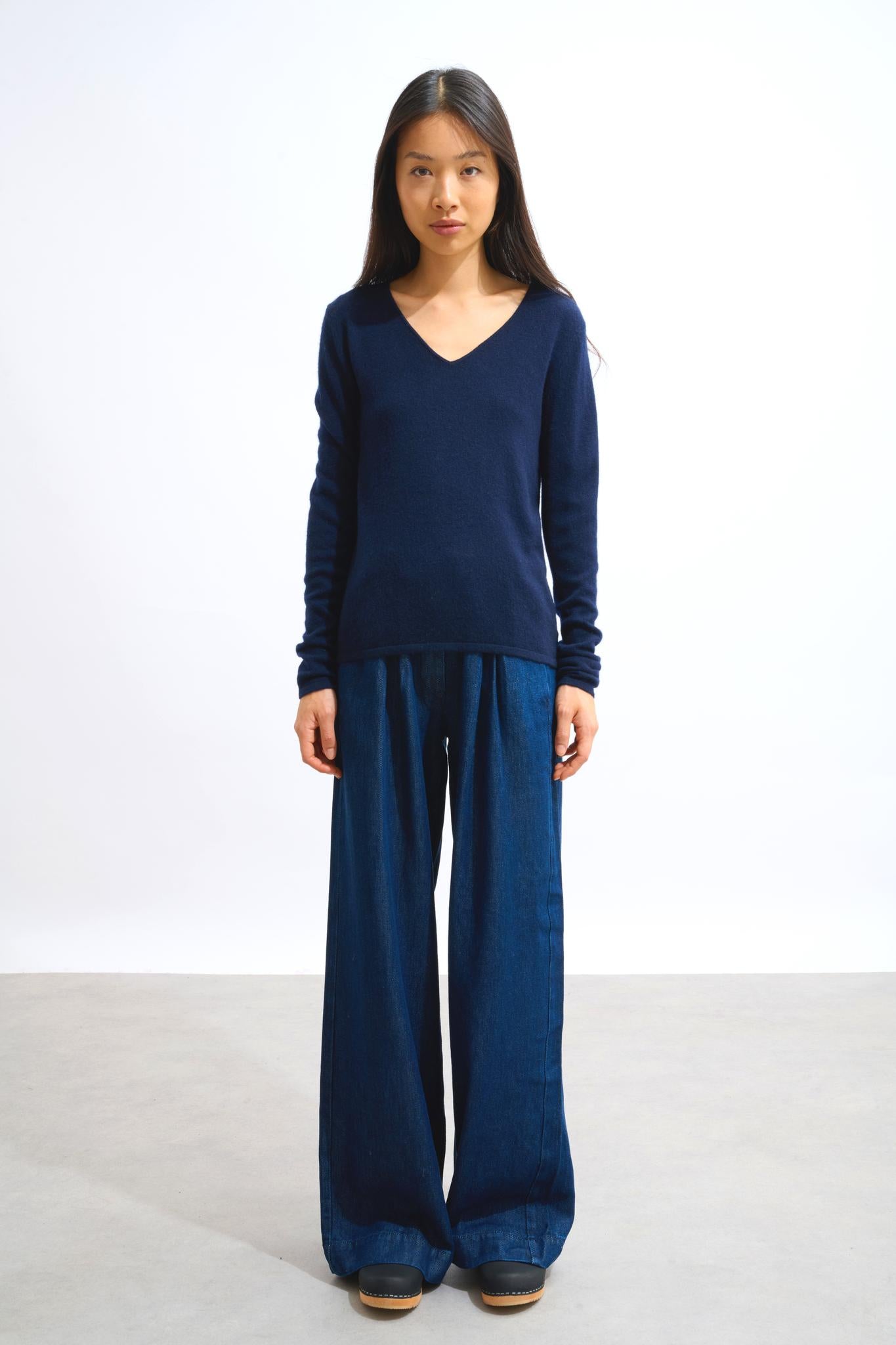 GALISE Marineblauer Pullover mit V-Ausschnitt, 100 % Kaschmir