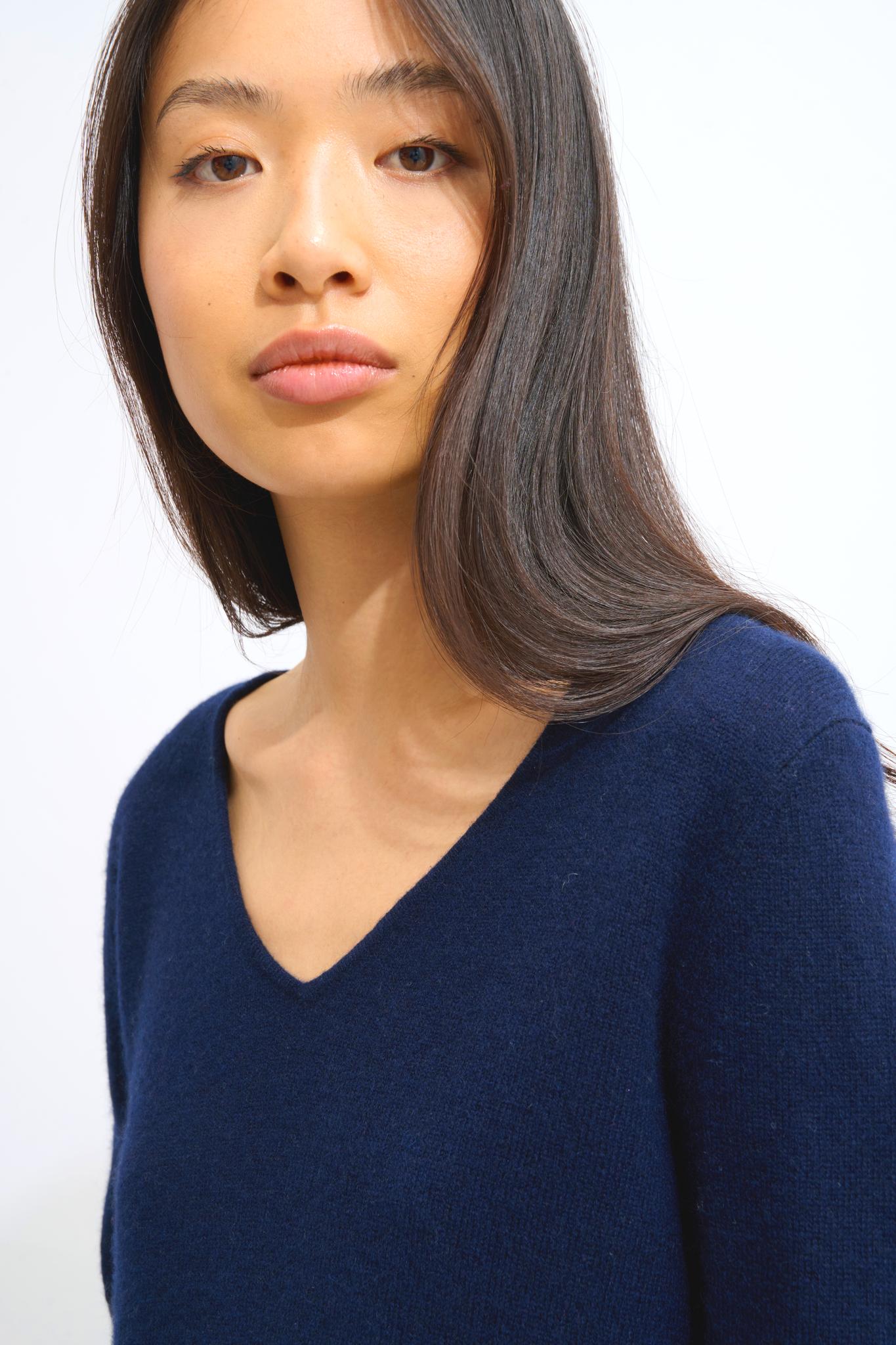 GALISE Marineblauer Pullover mit V-Ausschnitt, 100 % Kaschmir