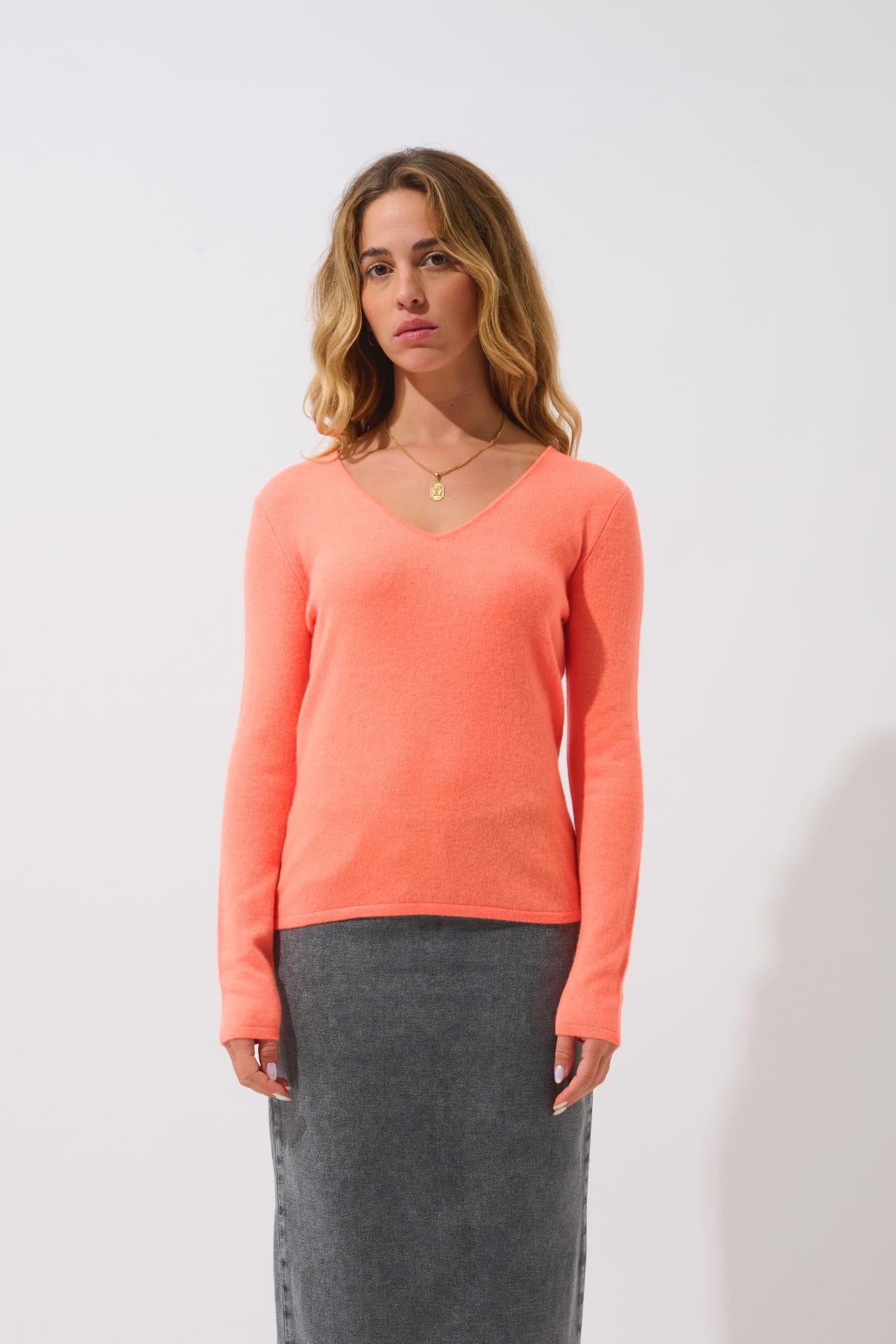 GALISE Pullover mit V-Ausschnitt in fluoreszierendem Orange aus 100% Kaschmir