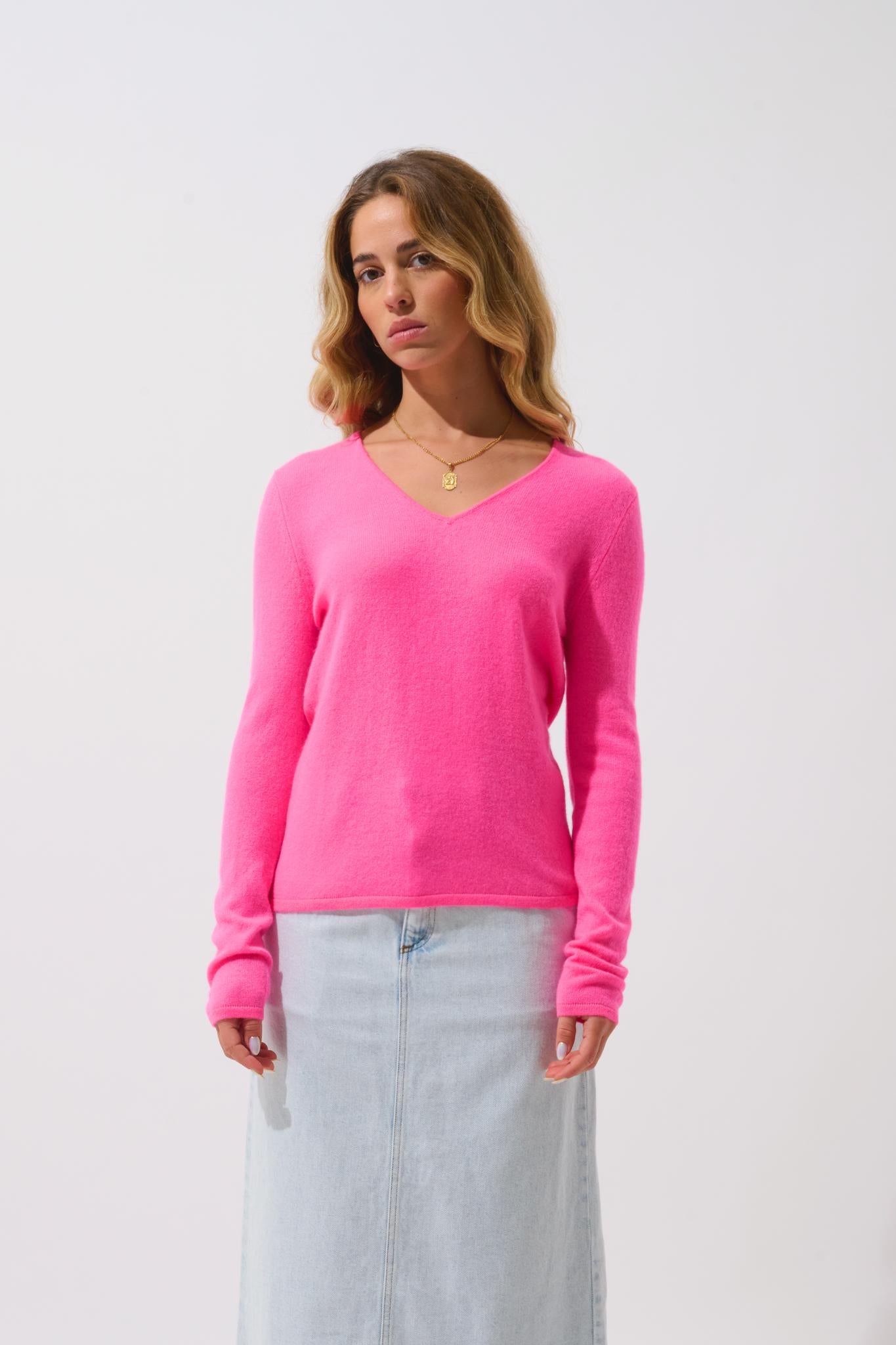 GALISE Pullover mit V-Ausschnitt in Neonpink aus 100% Kaschmir