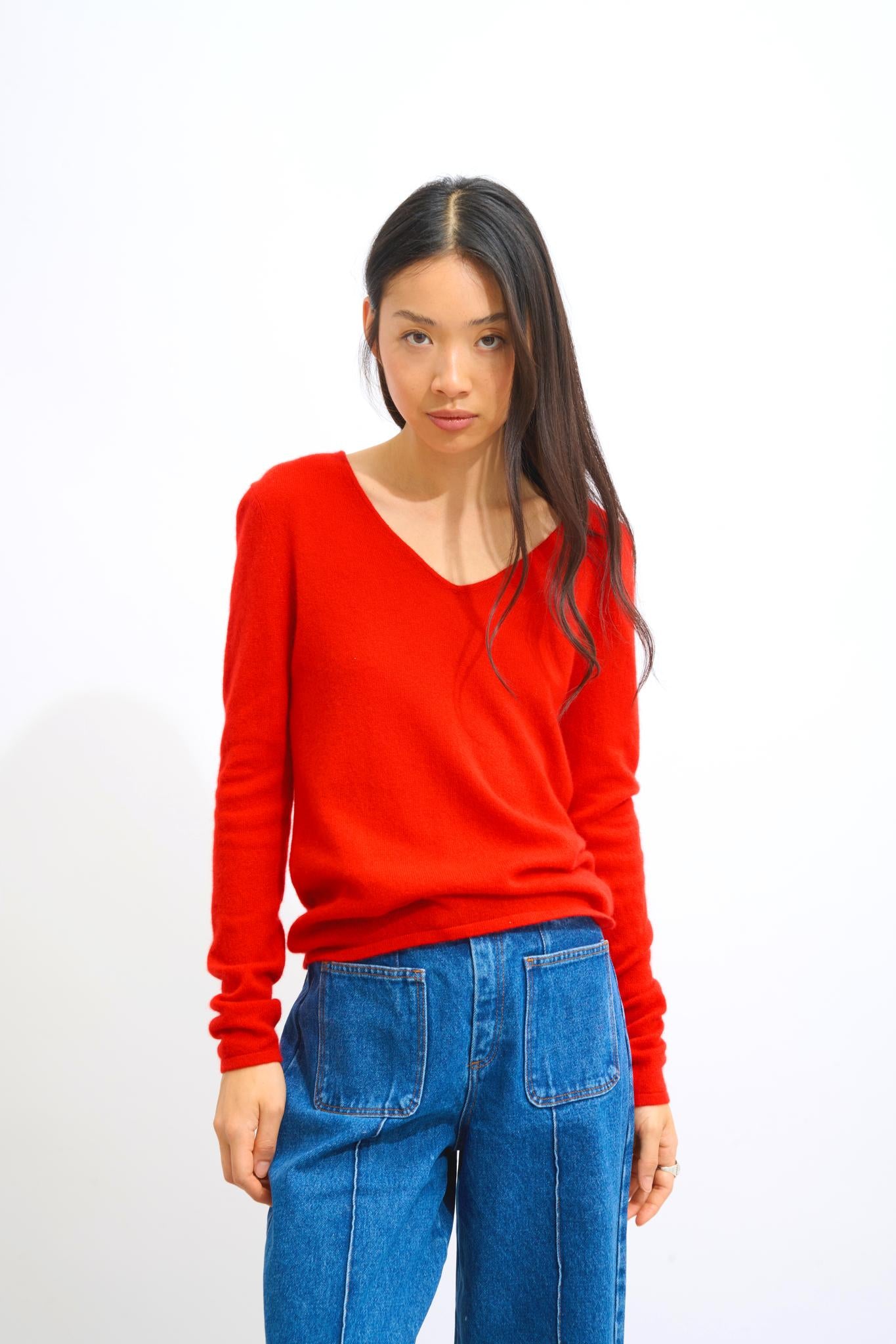 GALISE roter Pullover mit V-Ausschnitt, 100 % Kaschmir