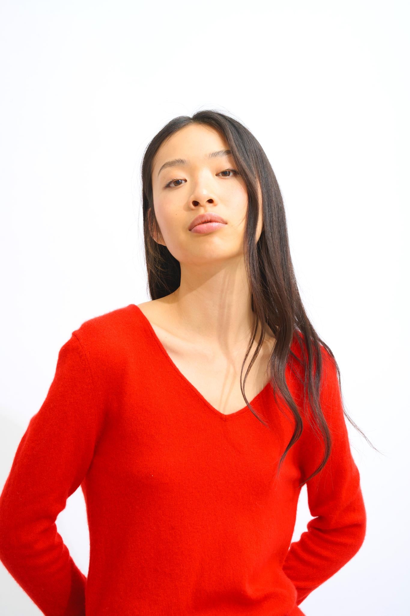 GALISE roter Pullover mit V-Ausschnitt, 100 % Kaschmir