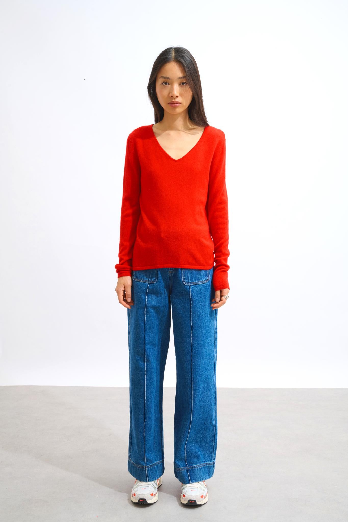 GALISE roter Pullover mit V-Ausschnitt, 100 % Kaschmir