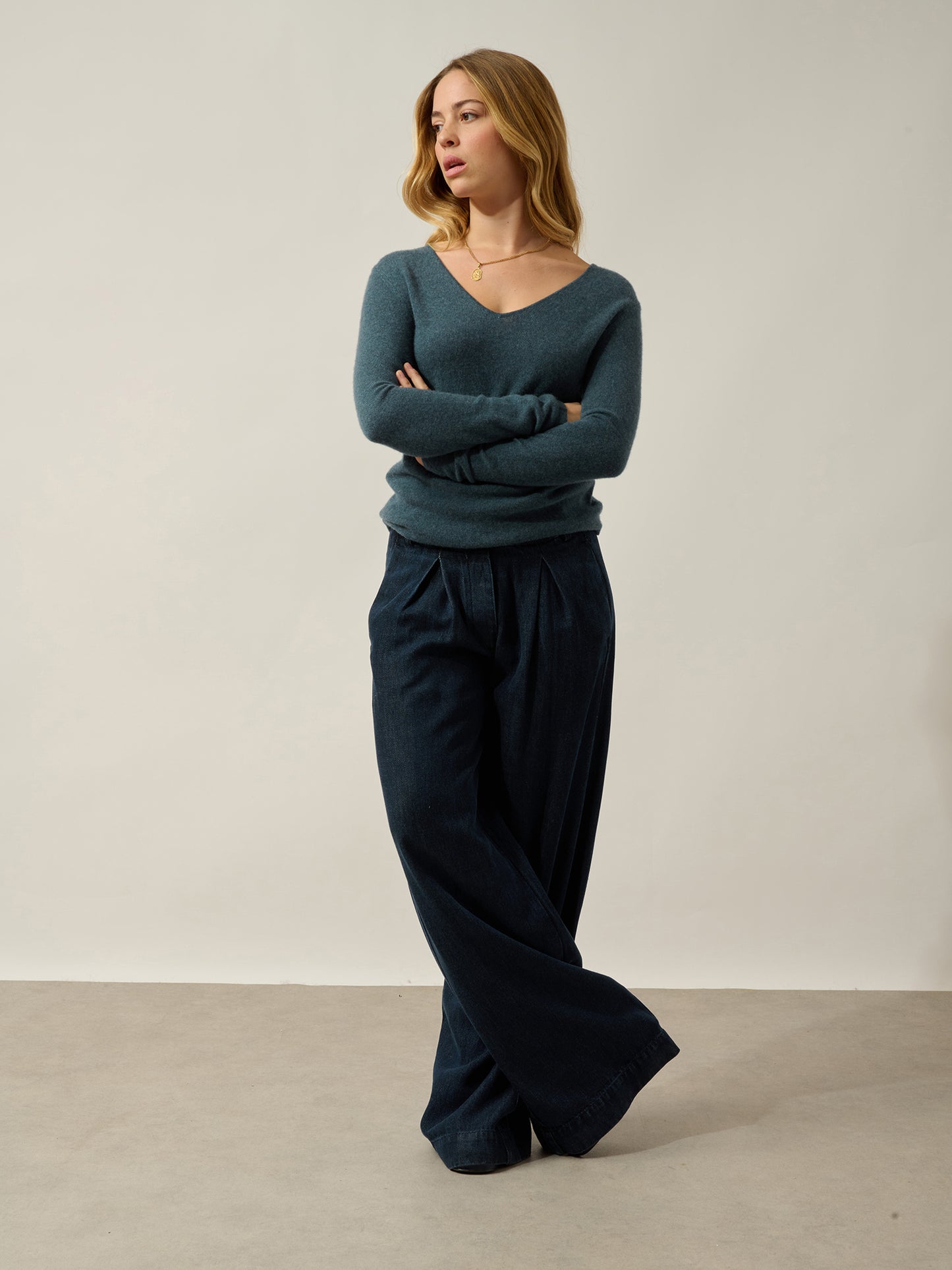 GALISE Pullover mit V-Ausschnitt entengrün meliert 100% Kaschmir