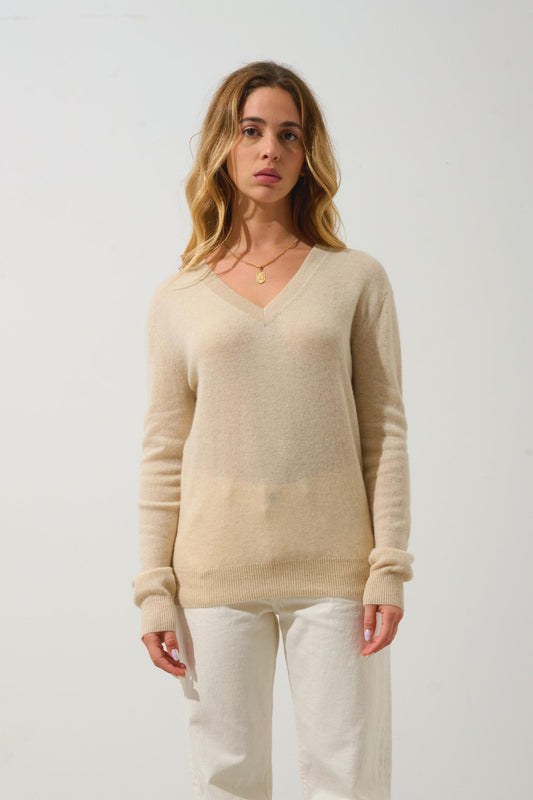 GARDORIA Pullover mit V-Ausschnitt Hafer 100% Kaschmir