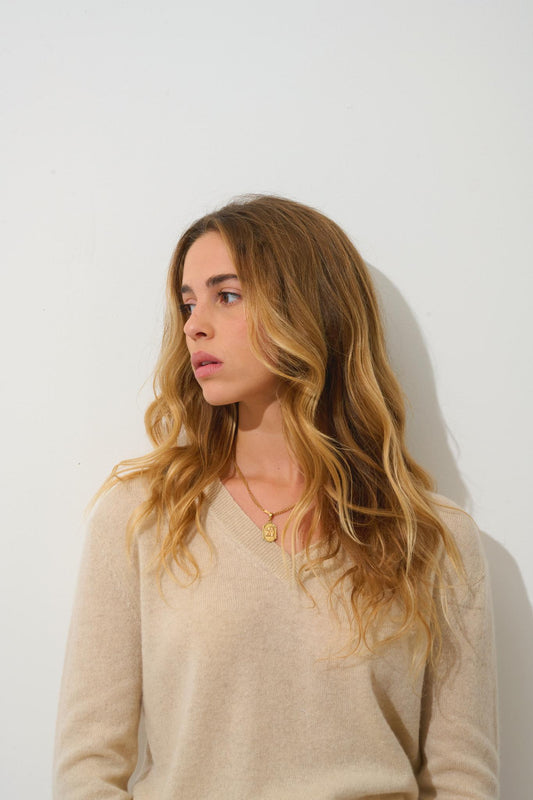 GARDORIA Pullover mit V-Ausschnitt Hafer 100% Kaschmir