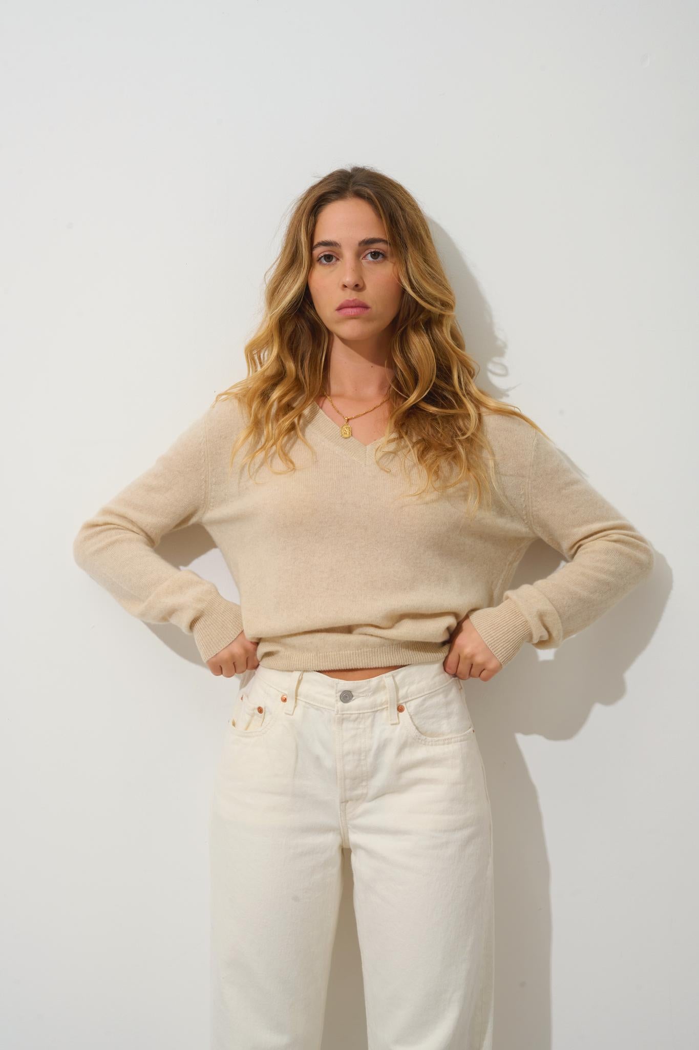 GARDORIA Pullover mit V-Ausschnitt Hafer 100% Kaschmir