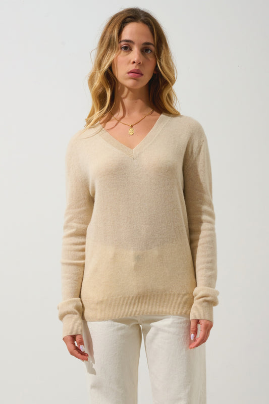 GARDORIA Pullover mit V-Ausschnitt Hafer 100% Kaschmir