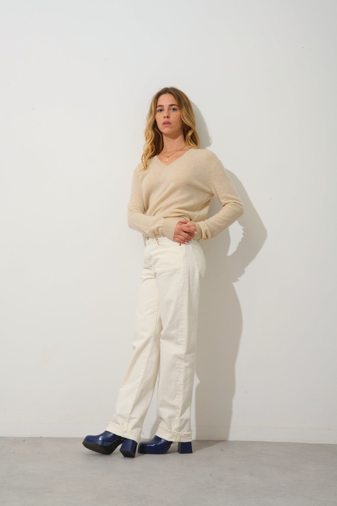 GARDORIA pull col v avoine 100% cachemire