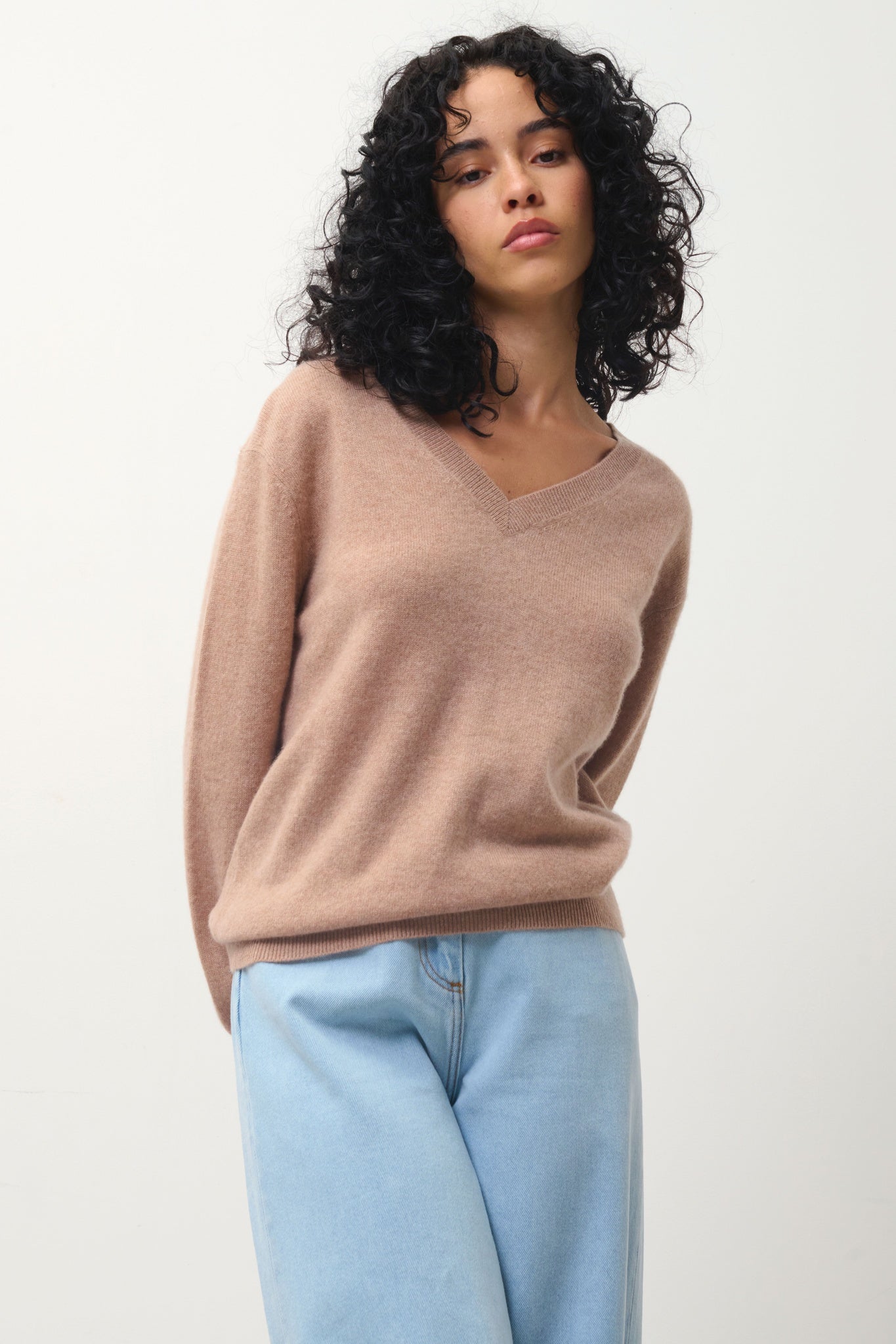 GARDORIA Kamelmelierter Pullover mit V-Ausschnitt, 100 % Kaschmir