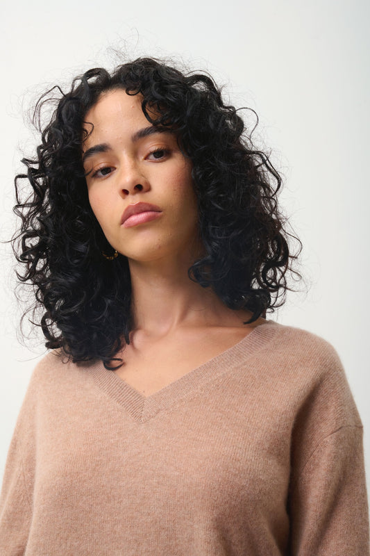 GARDORIA Kamelmelierter Pullover mit V-Ausschnitt, 100 % Kaschmir