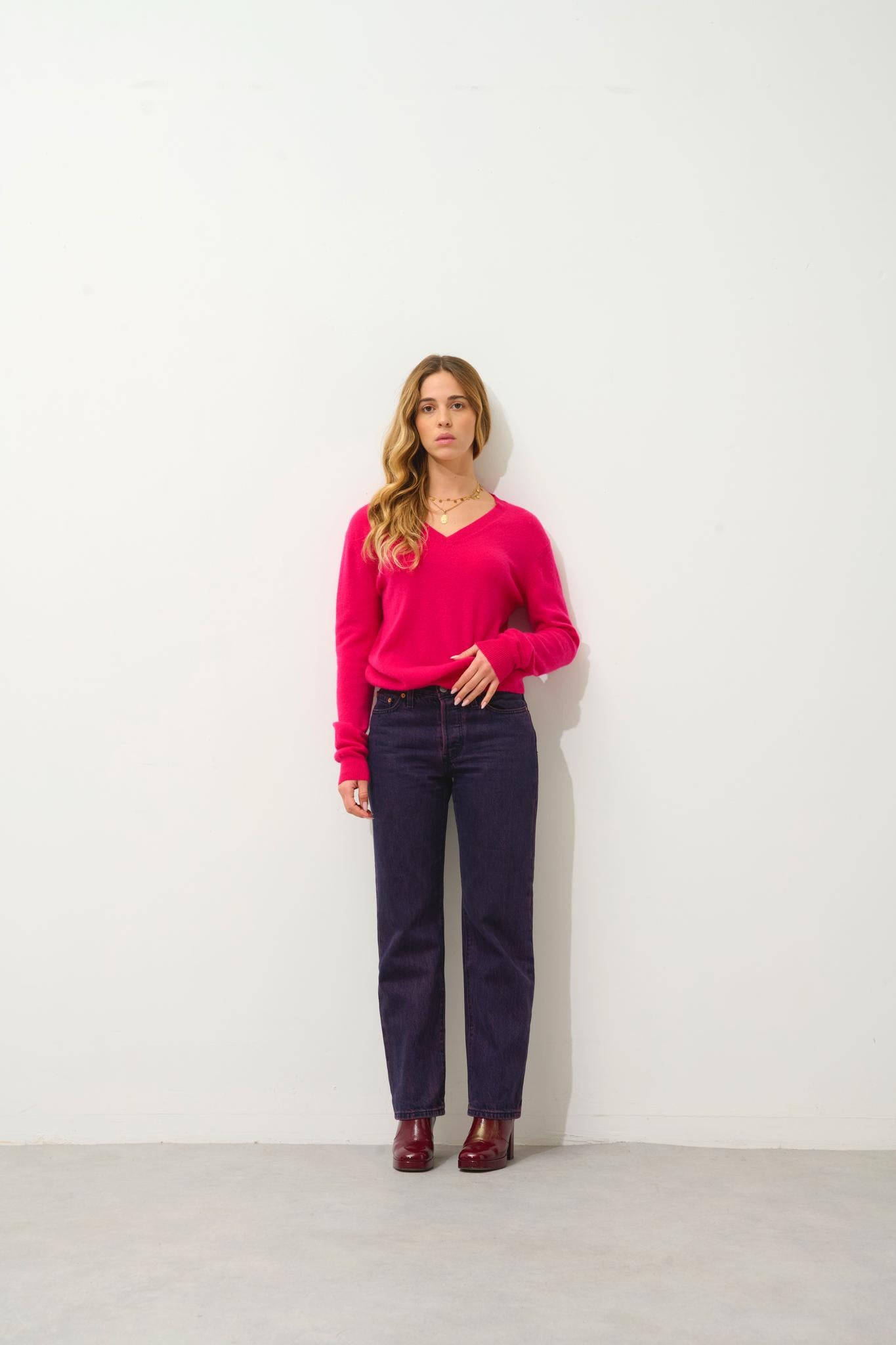 GARDORIA pull col v fuchsia 100% cachemire