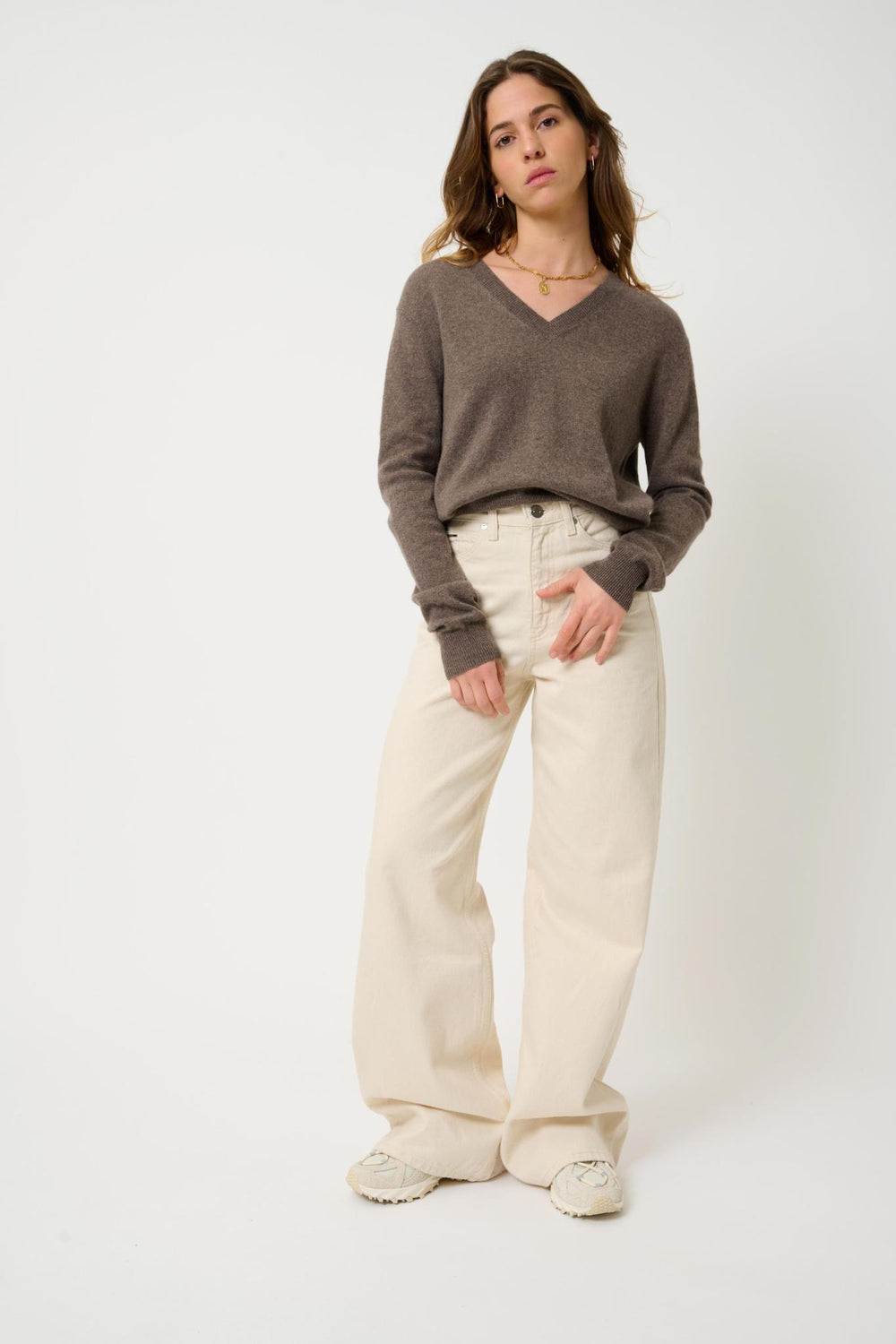 GARDORIA Pullover mit V-Ausschnitt taupe meliert 100% Kaschmir