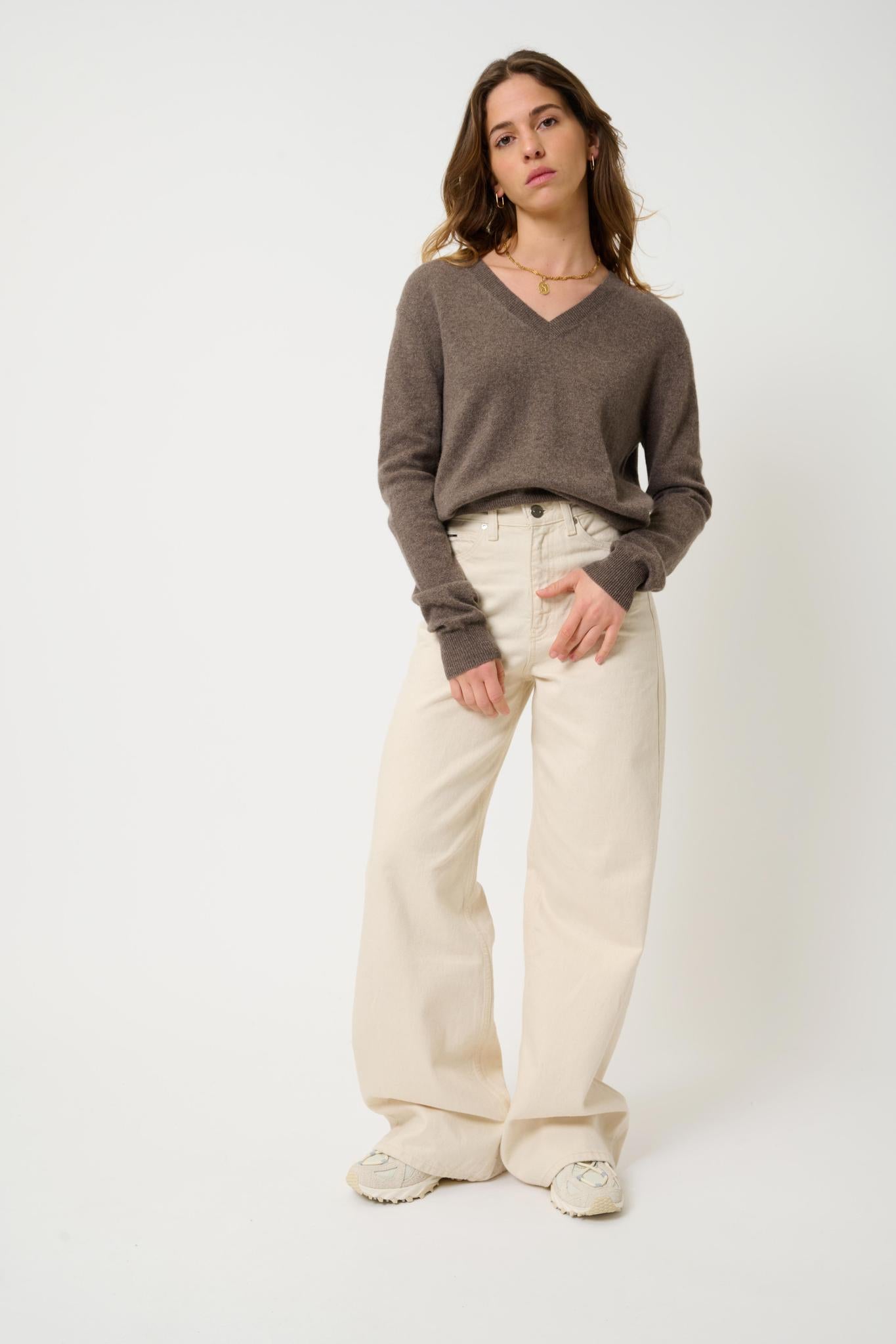 GARDORIA Pullover mit V-Ausschnitt taupe meliert 100% Kaschmir