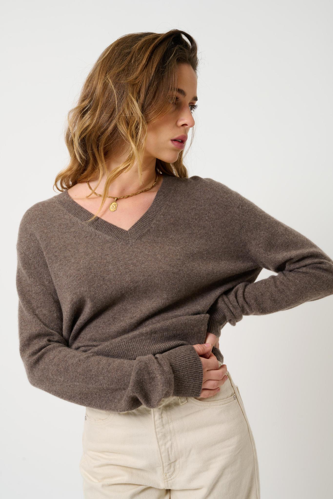 GARDORIA Pullover mit V-Ausschnitt taupe meliert 100% Kaschmir