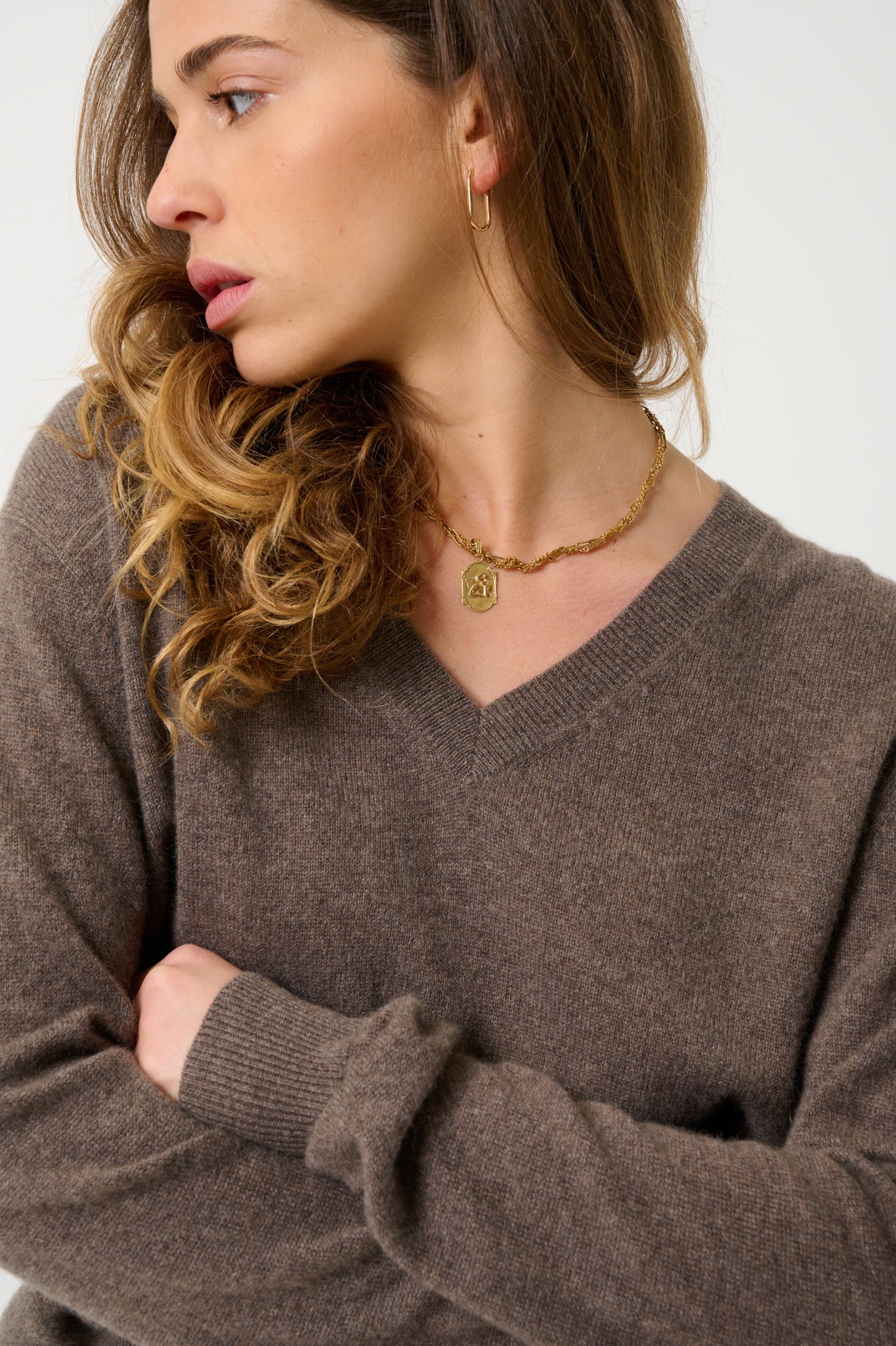 GARDORIA Pullover mit V-Ausschnitt taupe meliert 100% Kaschmir