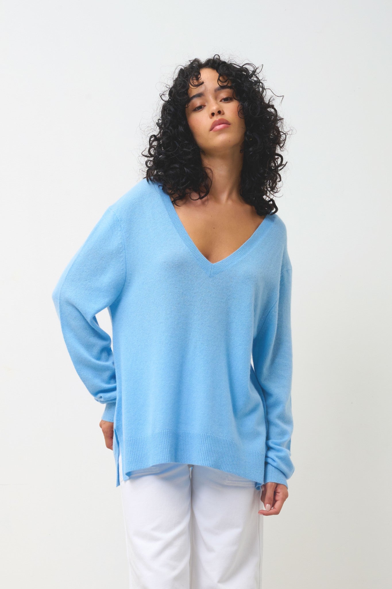 giegn pull col v devant et dos bleu inca 100% cachemire