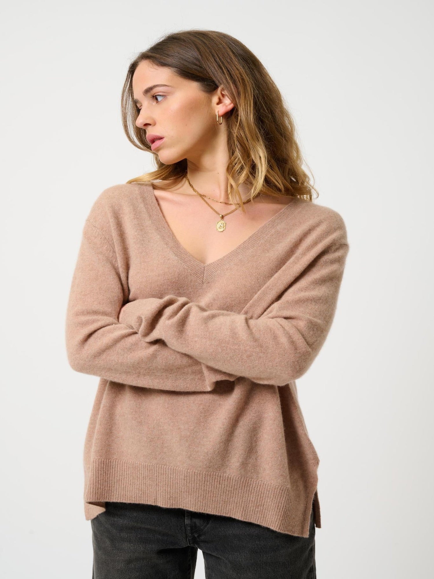 GIEGN v-neck sweater camel mottled 100% cashmere Authentic Cashmere