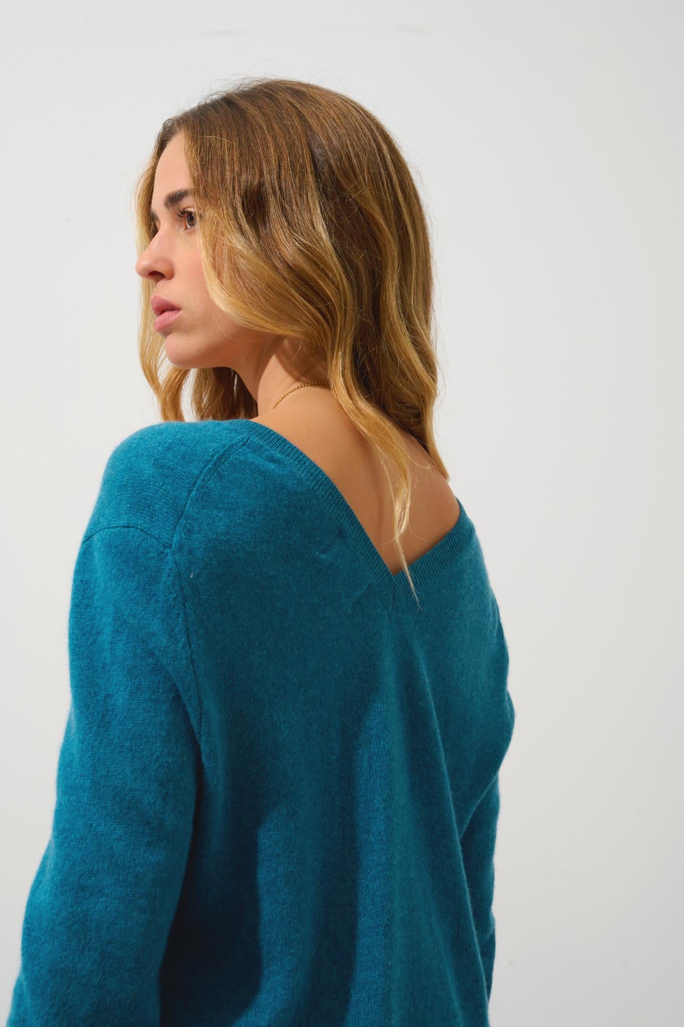 GIEGN Pullover mit V-Ausschnitt vorne und hinten Ente meliert 100% Kaschmir