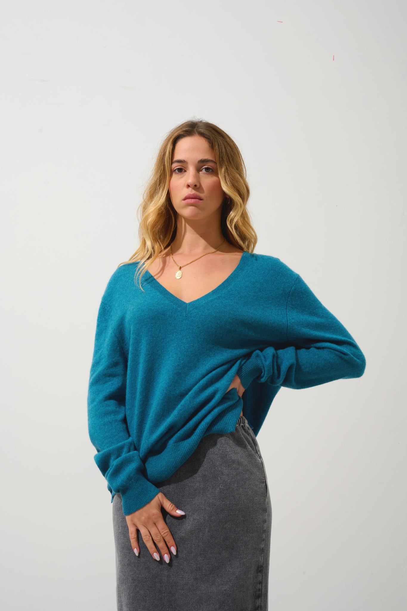 GIEGN Pullover mit V-Ausschnitt vorne und hinten Ente meliert 100% Kaschmir