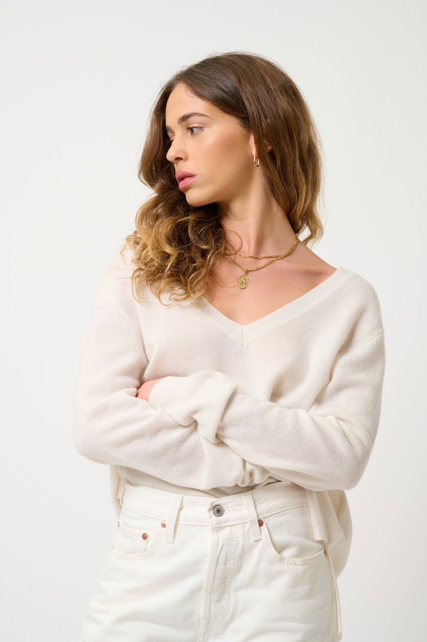 GIEGN pull col v devant et dos ivoire 100% cachemire