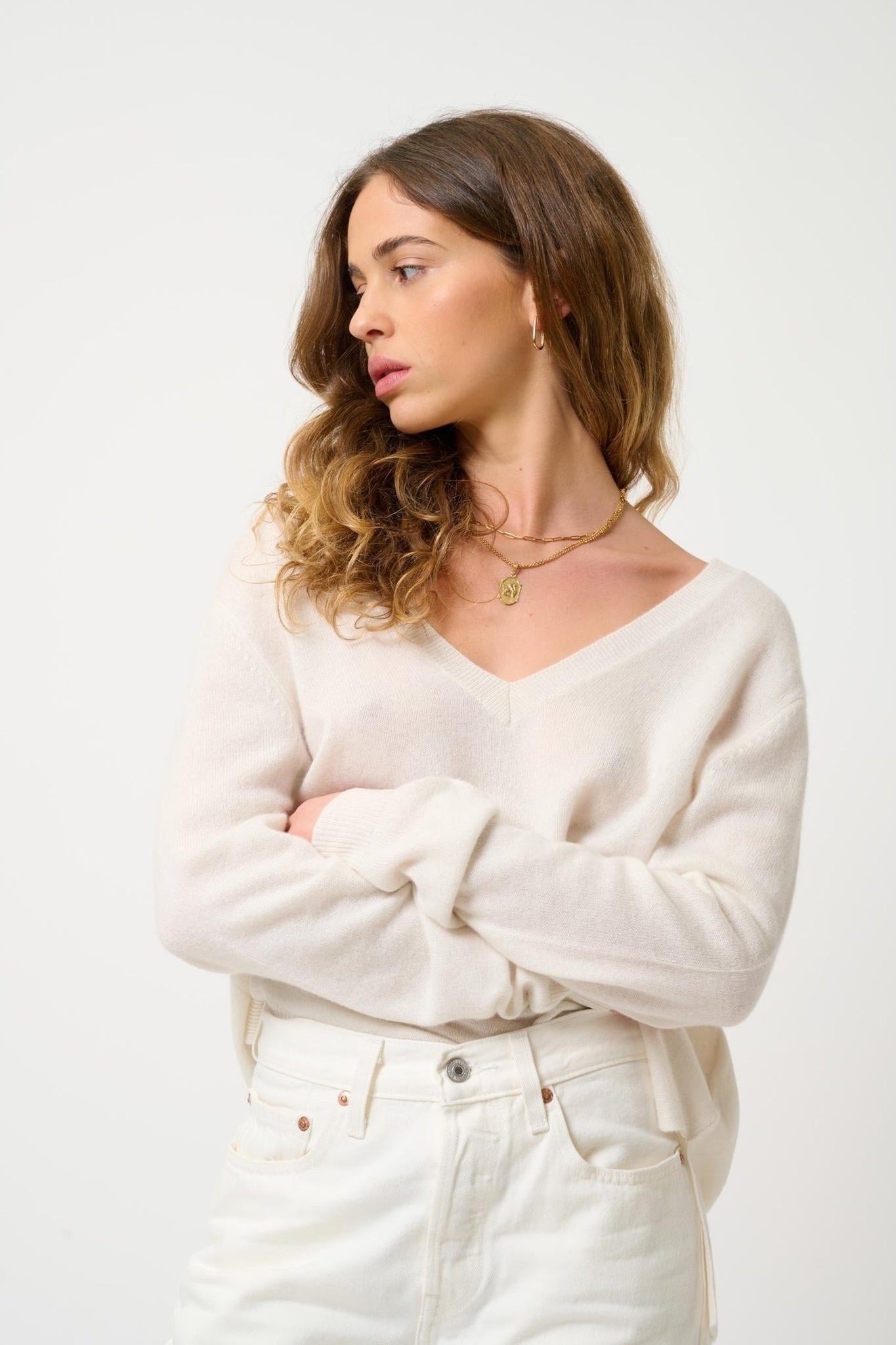 GIEGN pull col v devant et dos ivoire 100% cachemire