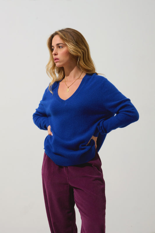 giegn pull col v devant et dos outremer 100% cachemire