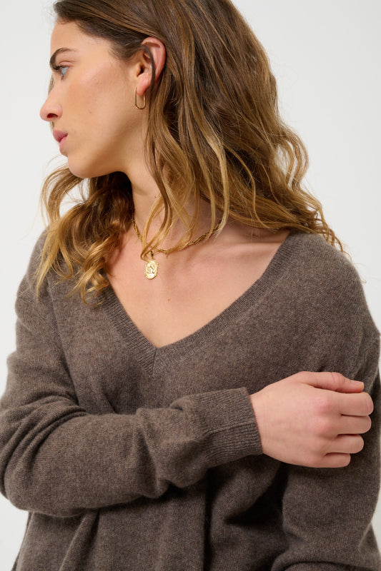 GIEGN V-Ausschnitt Pullover vorne und hinten Taupe Heather 100% Kaschmir