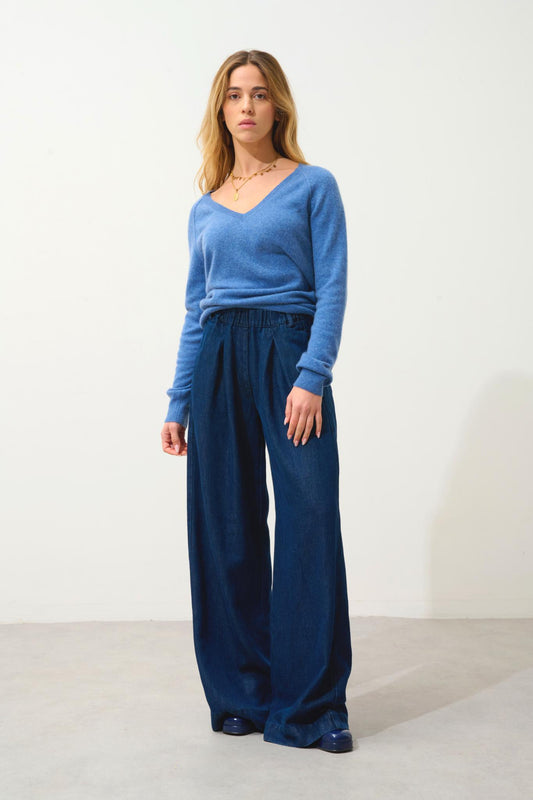 GIUSALET v-neck sweater denim blue 100% cashmere