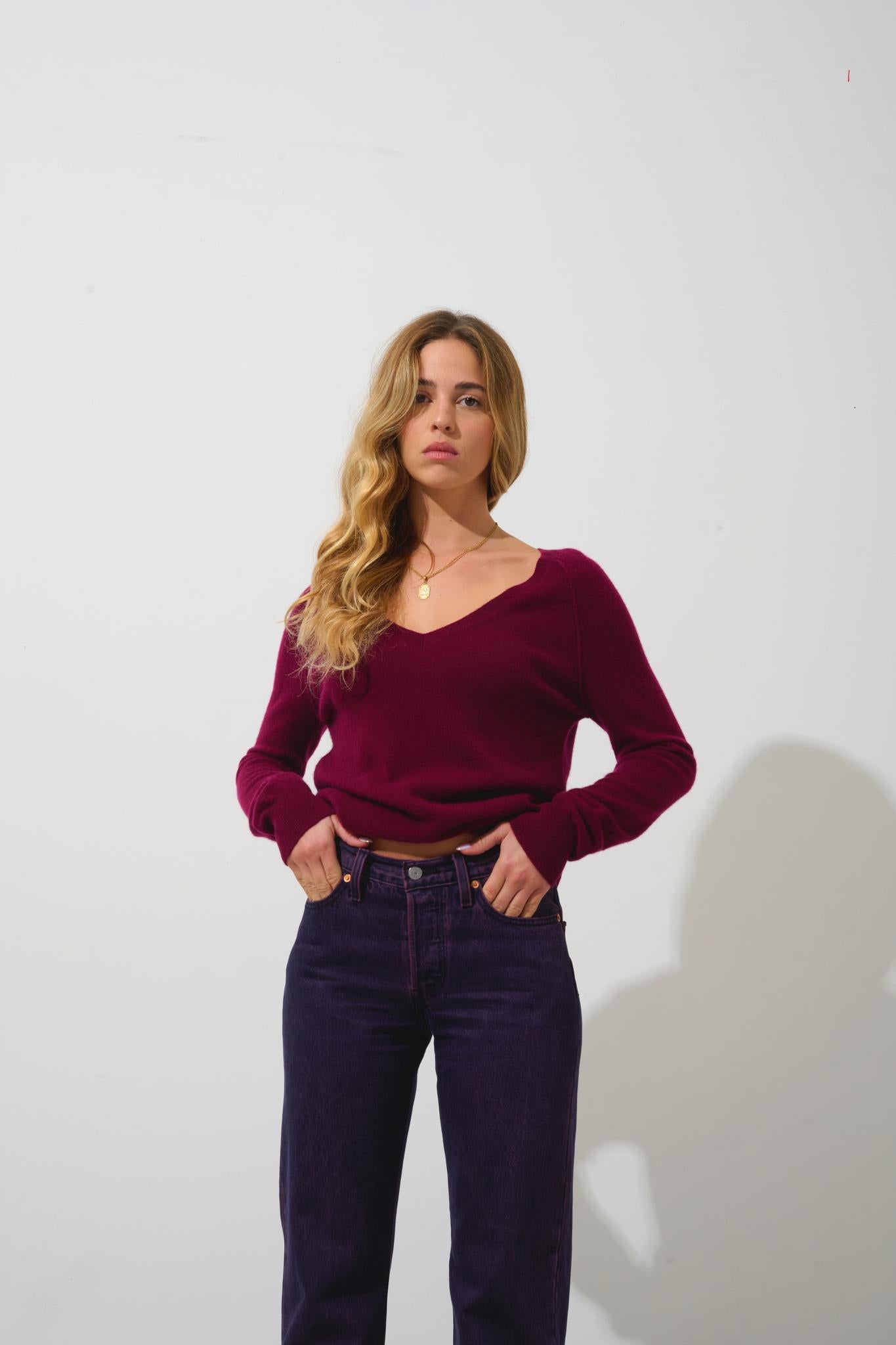 GIUSALET v-neck sweater burgundy 100% cashmere