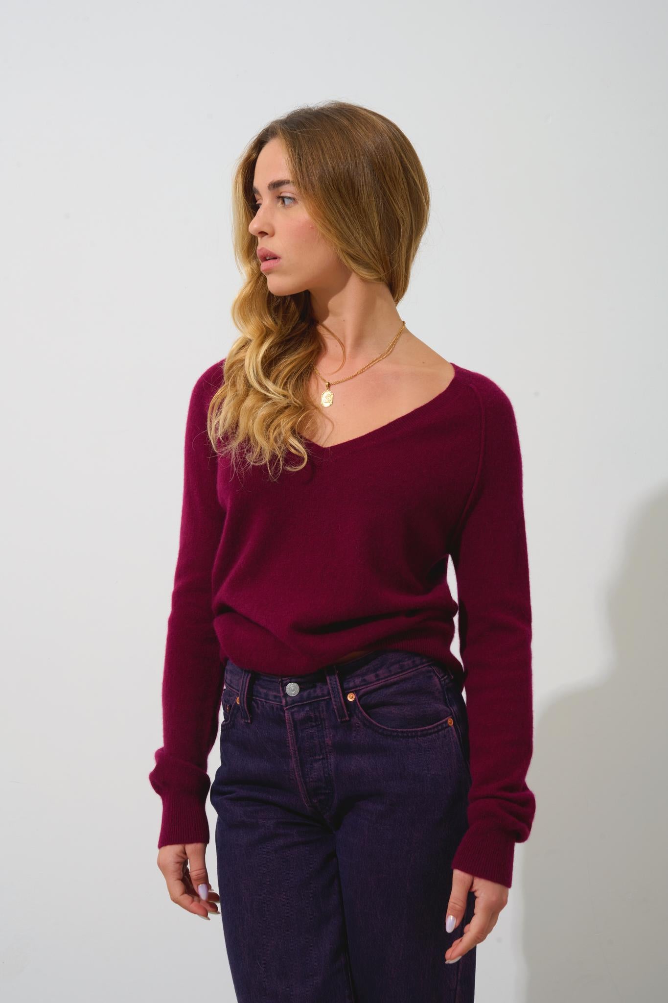 GIUSALET v-neck sweater burgundy 100% cashmere
