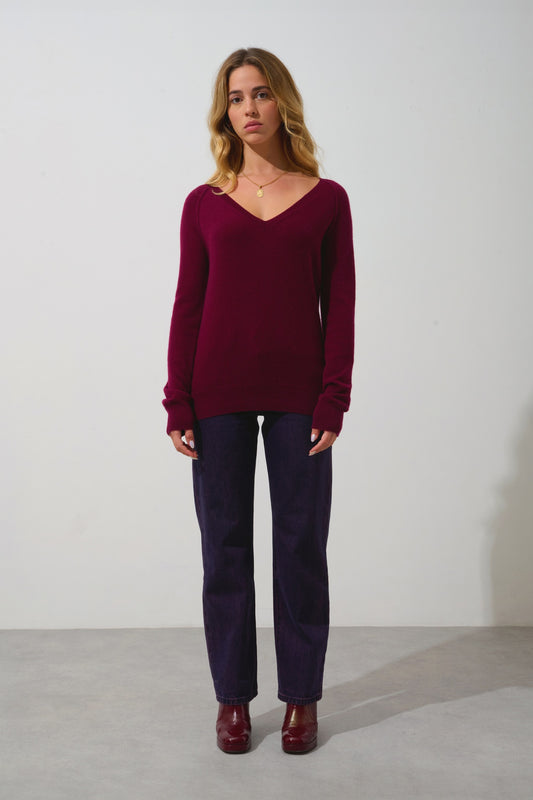 GIUSALET burgunderfarbener Pullover mit V-Ausschnitt, 100 % Kaschmir