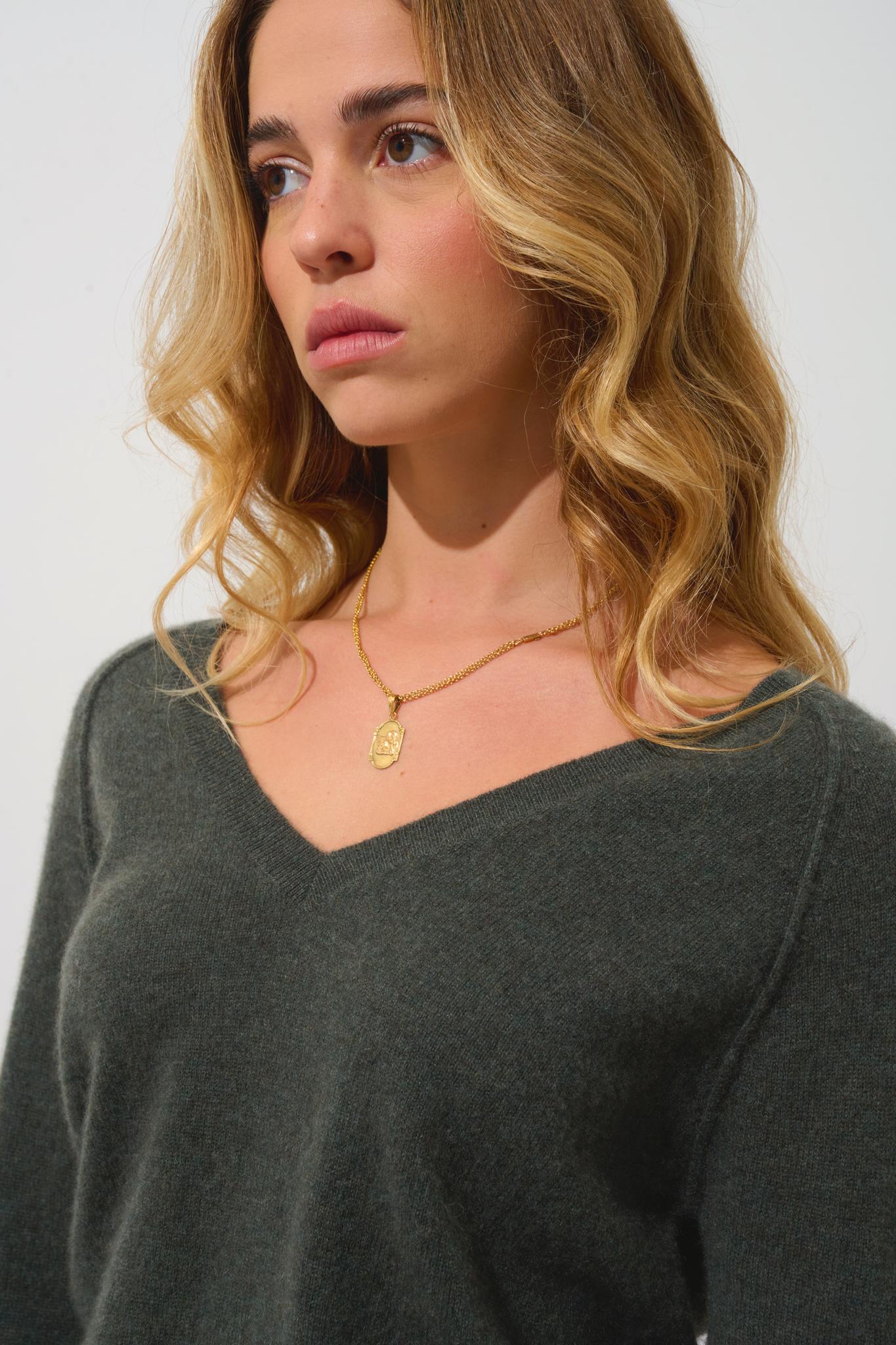 GIUSALET Pullover mit V-Ausschnitt khaki meliert 100% Kaschmir