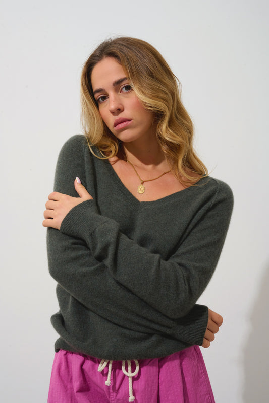 GIUSALET Pullover mit V-Ausschnitt khaki meliert 100% Kaschmir