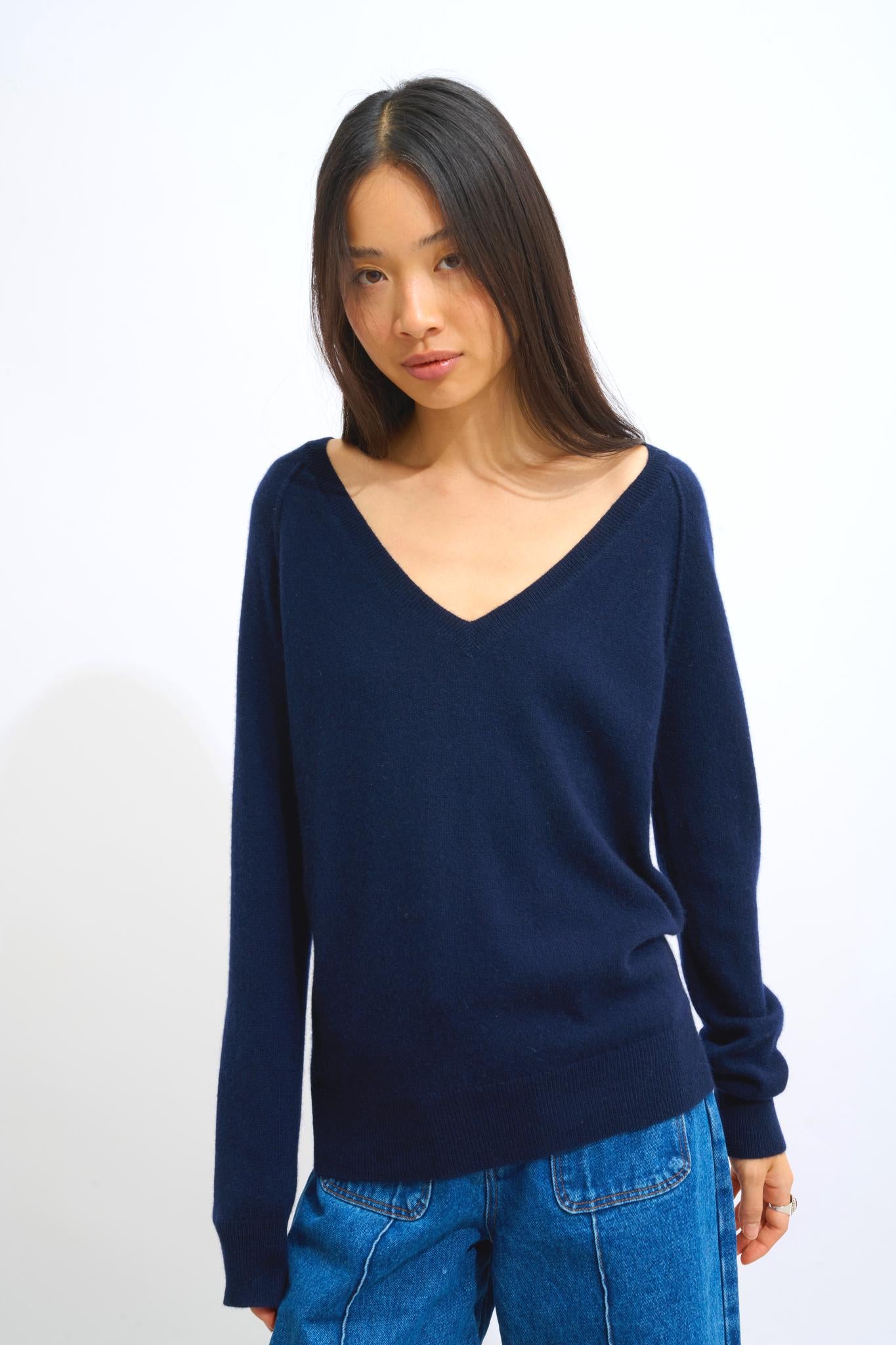 GIUSALET pull col v navy 100% cachemire