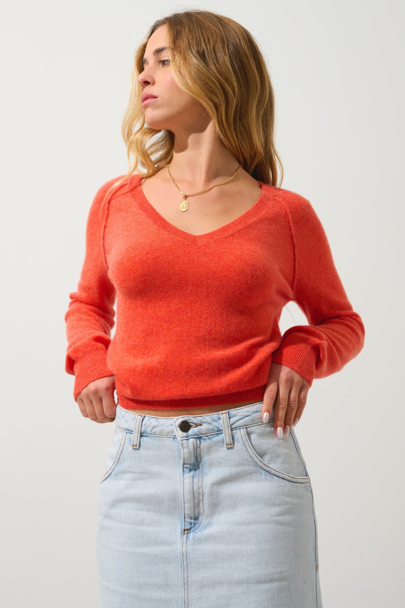 GIUSALET pull col v orange chiné 100% cachemire