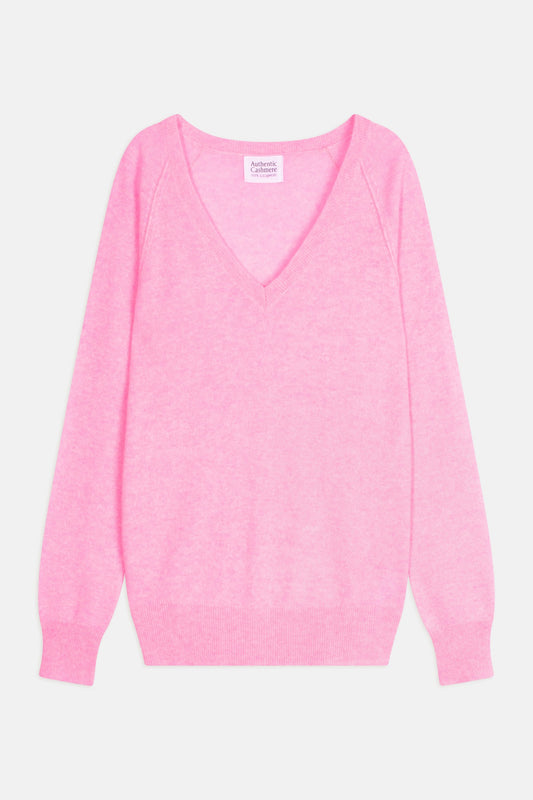 giusalet pull col v rose fluo chiné 100% cachemire