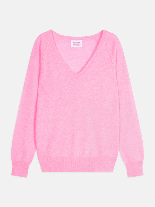 GIUSALET pull col v rose fluo chiné 100% cachemire
