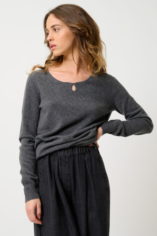 GLYDER Pullover mit Bootsausschnitt und Tropfen vorne anthrazit meliert 100% Kaschmir