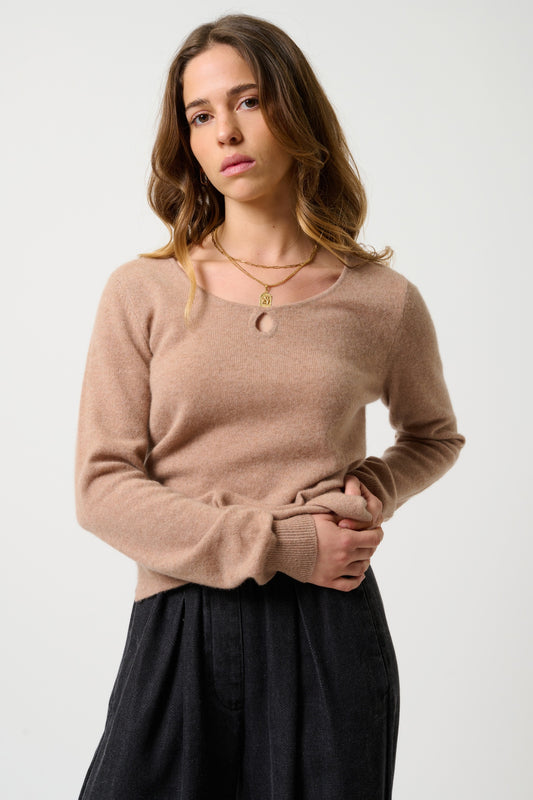 GLYDER Pullover Bootsausschnitt Tropfen vorne camel meliert 100% Kaschmir