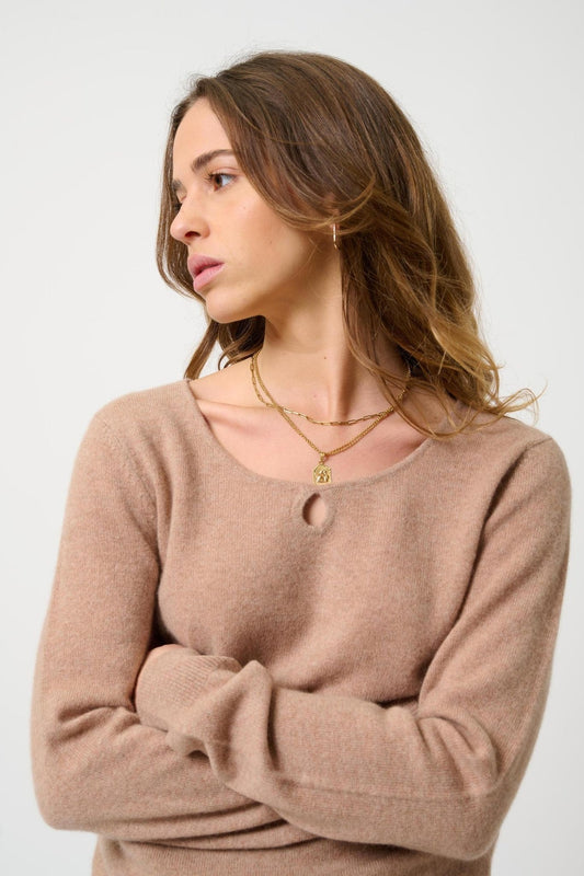 GLYDER Pullover Bootsausschnitt Tropfen vorne camel meliert 100% Kaschmir