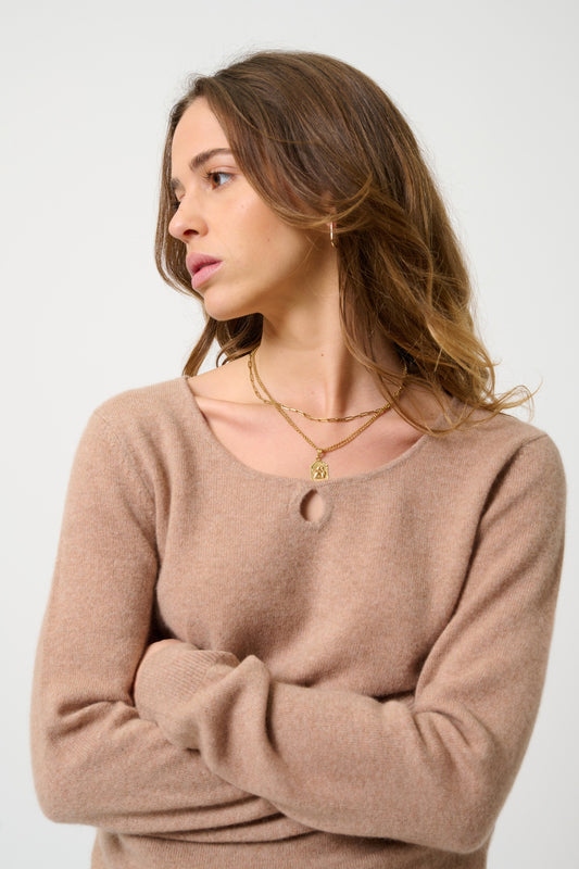 GLYDER Pullover Bootsausschnitt Tropfen vorne camel meliert 100% Kaschmir