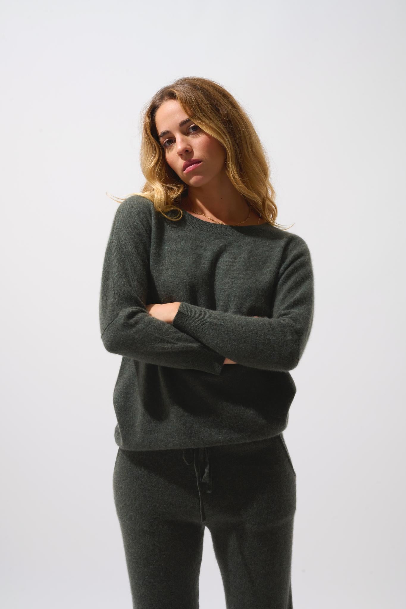 GOLÉON pull chauve souris kaki chiné 100% cachemire