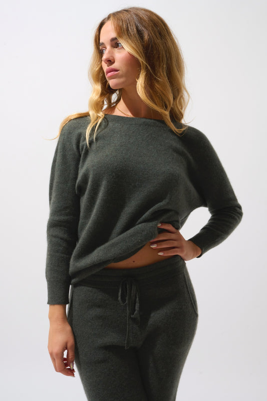 GOLÉON Fledermauspullover khaki meliert 100% Kaschmir