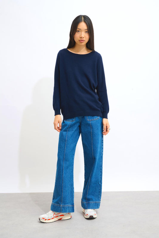 GOLÉON pull chauve souris navy 100% cachemire