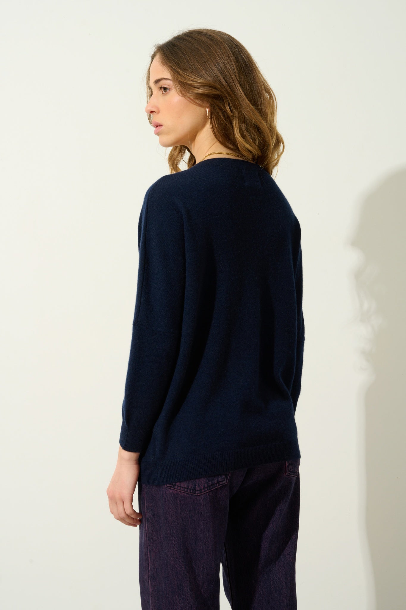 GOLÉON pull chauve souris navy 100% cachemire