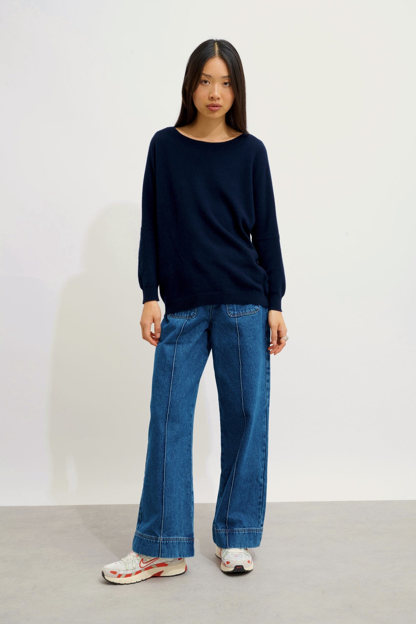 GOLÉON pull chauve souris navy 100% cachemire