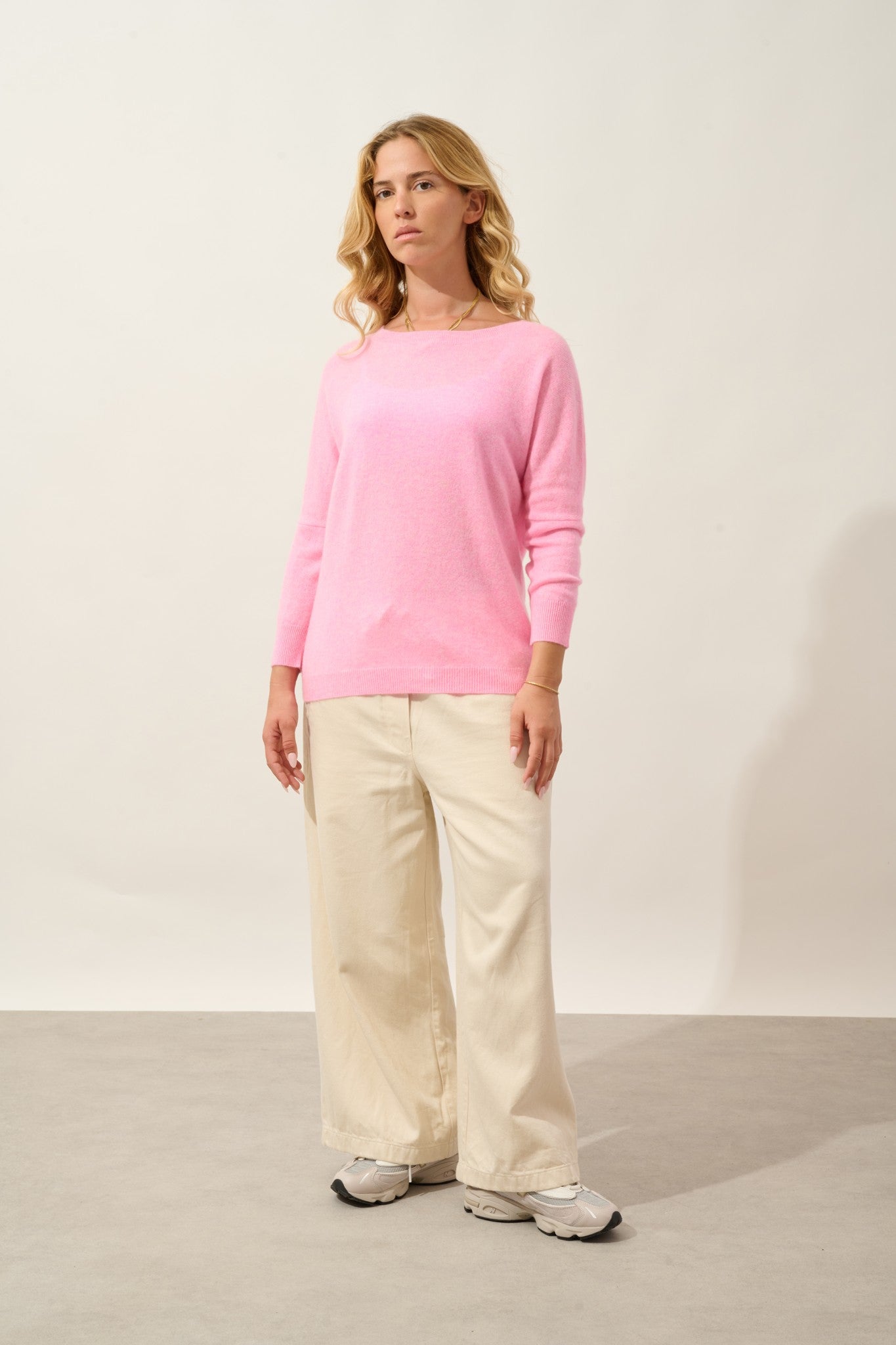 goléon pull chauve souris rose fluo chiné 100% cachemire