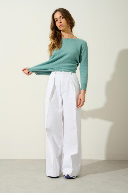 GOLÉON pull chauve souris vert chiné 100% cachemire