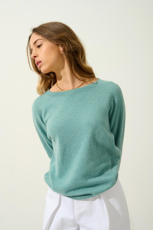 GOLÉON pull chauve souris vert chiné 100% cachemire